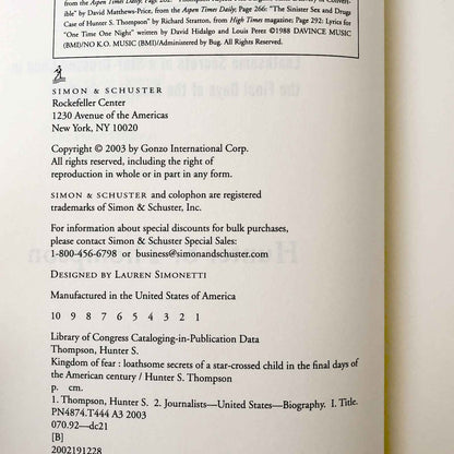 Kingdom of Fear by Hunter S. Thompson [FIRST EDITION • FIRST PRINTING] 2003
