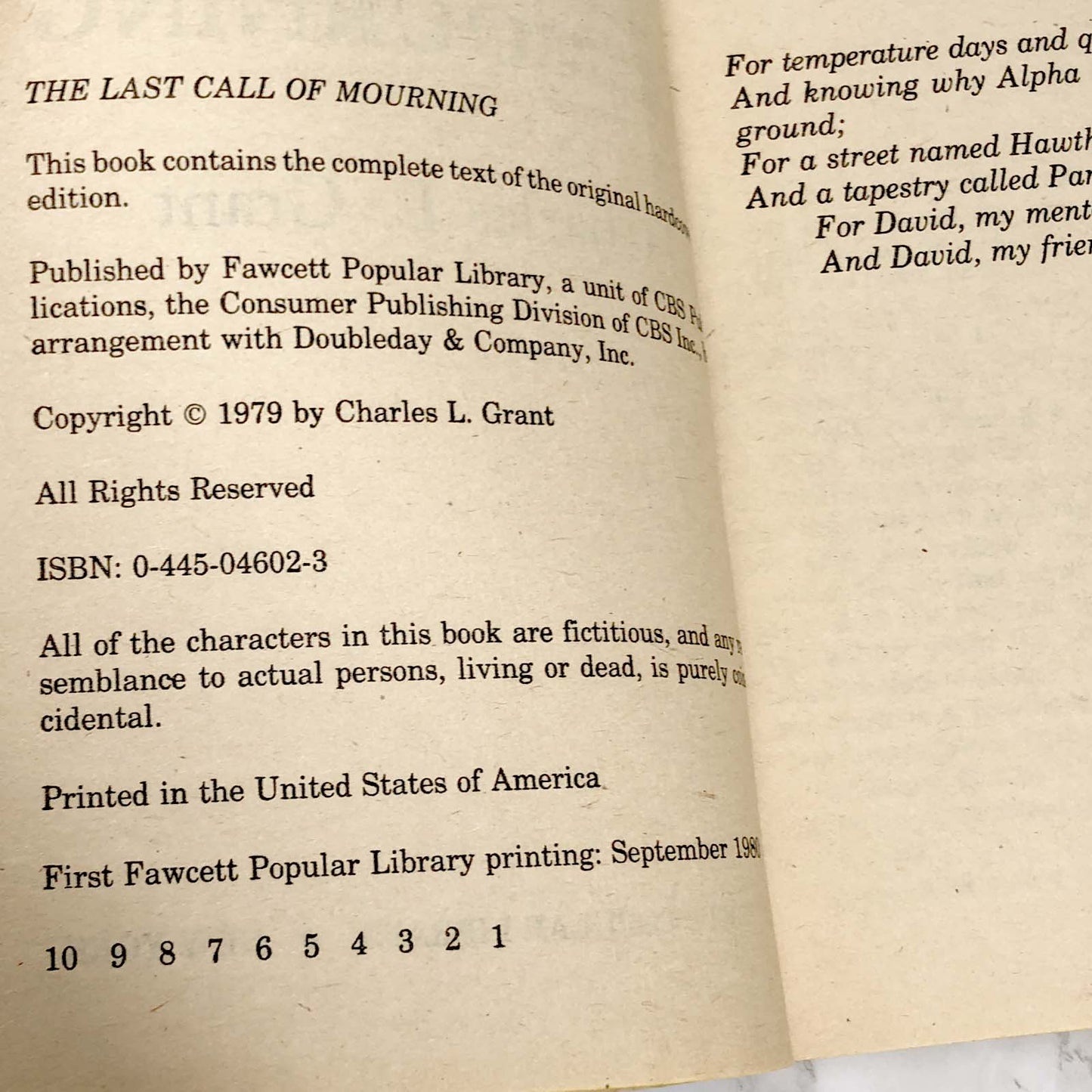 The Last Call of Mourning by Charles L. Grant [FIRST PAPERBACK PRINTING] 1980
