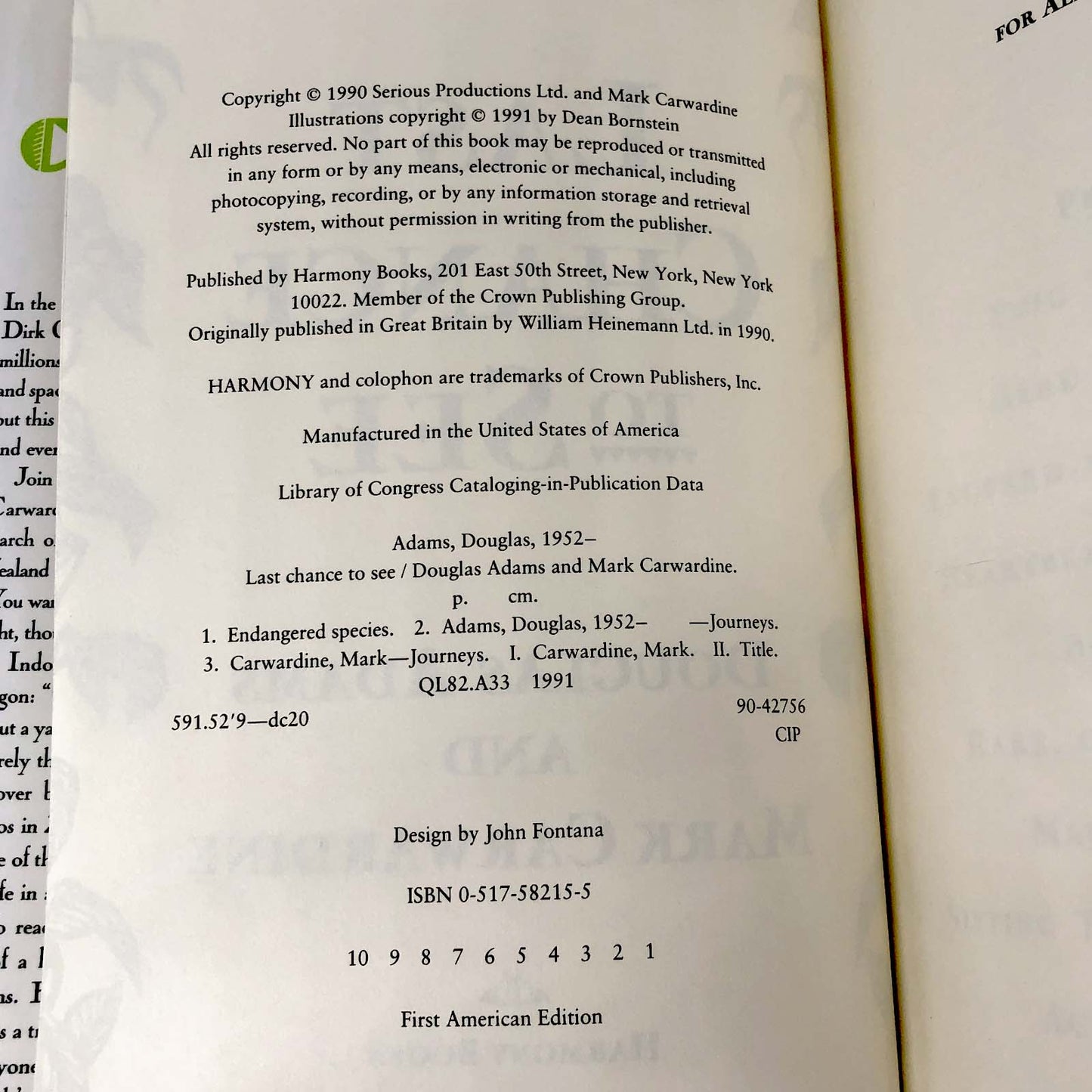 Last Chance to See by Douglas Adams & Mark Carwardine [FIRST EDITION / FIRST PRINTING] 1991