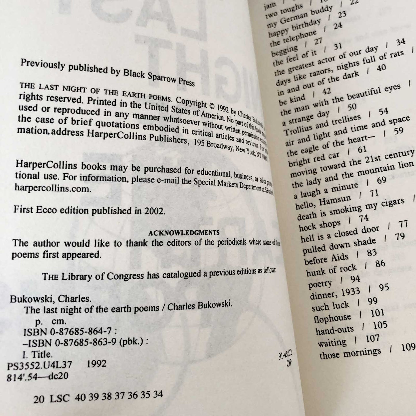 The Last Night of the Earth Poems by Charles Bukowski [TRADE PAPERBACK / 2002]