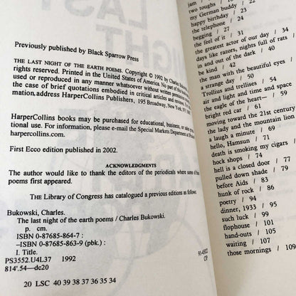 The Last Night of the Earth Poems by Charles Bukowski [TRADE PAPERBACK / 2002]