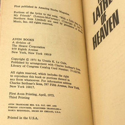 The Lathe of Heaven by Ursula K. Le Guin [FIRST PAPERBACK EDITION] 1973 • Avon