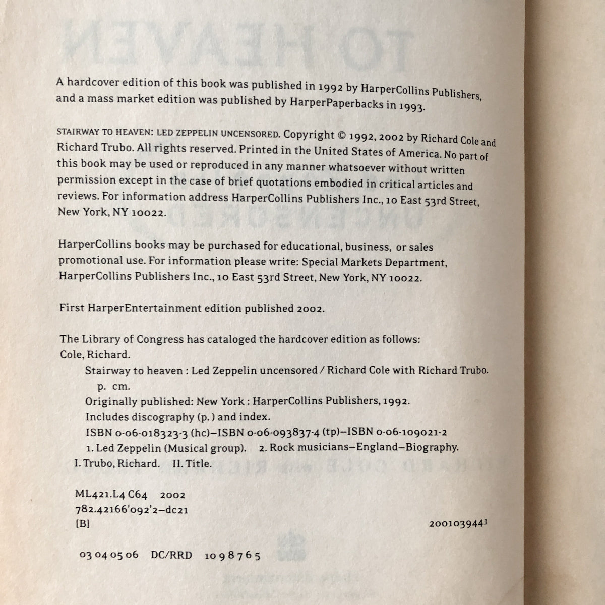 Stairway to Heaven: Led Zeppelin Uncensored by Richard Cole [TRADE PAPERBACK / 2002] - Bookshop Apocalypse