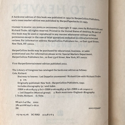 Stairway to Heaven: Led Zeppelin Uncensored by Richard Cole [TRADE PAPERBACK / 2002] - Bookshop Apocalypse