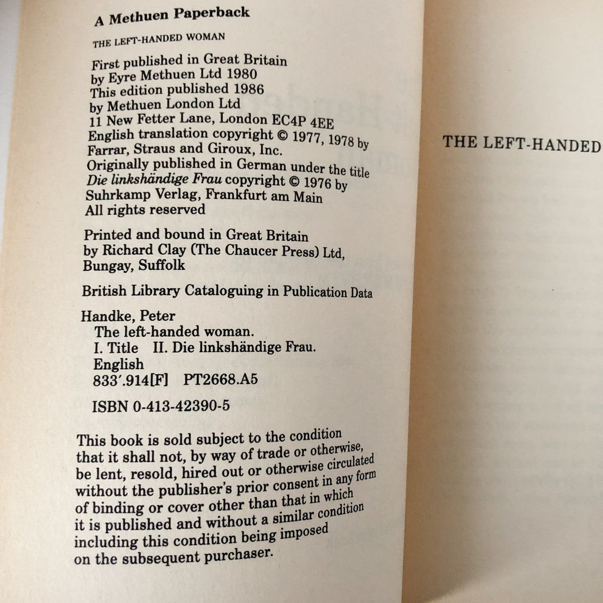 The Left Handed Woman by Peter Handke [U.K. TRADE PAPERBACK / 1986] - Bookshop Apocalypse