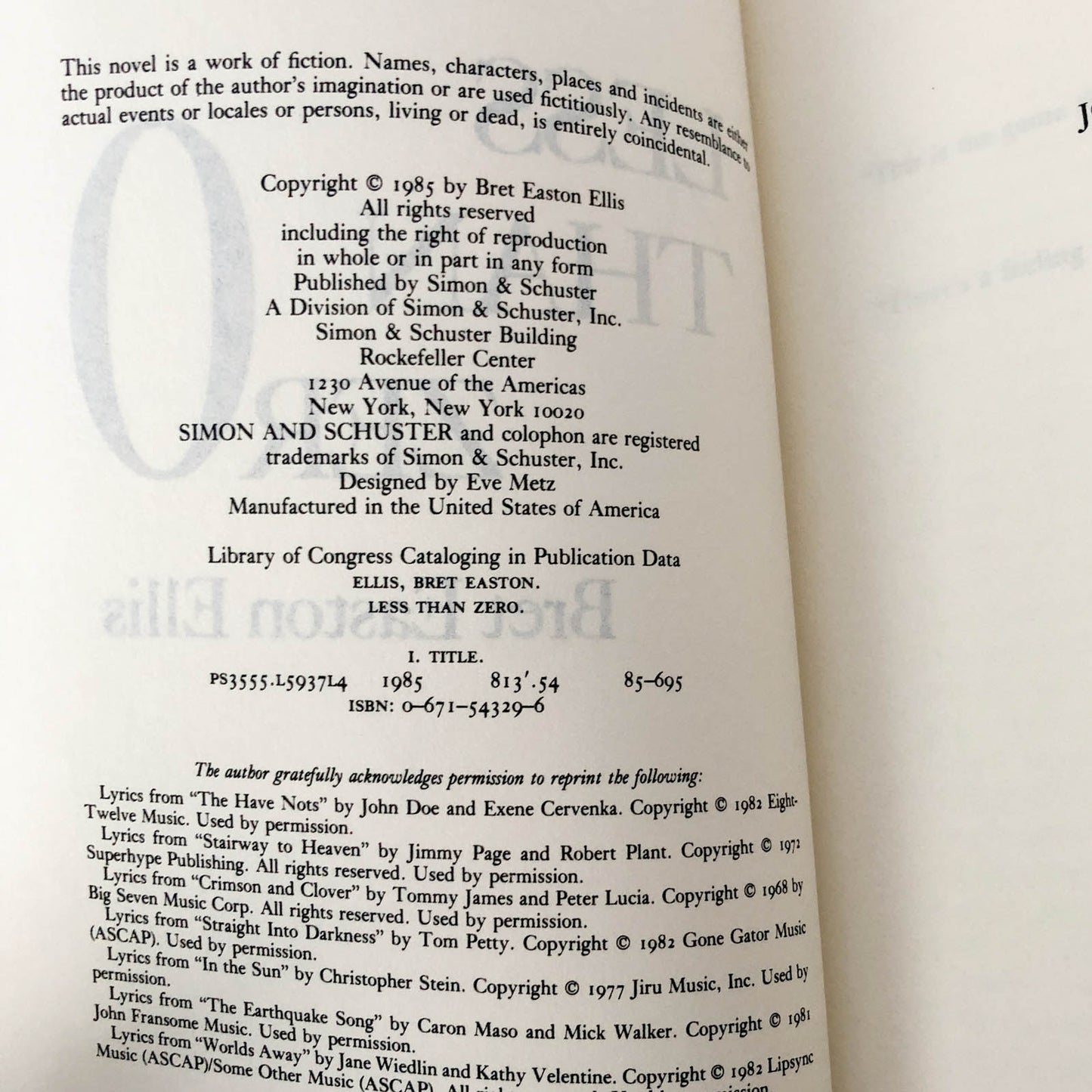 Less Than Zero by Bret Easton Ellis [1985 FIRST PAPERBACK PRINTING]