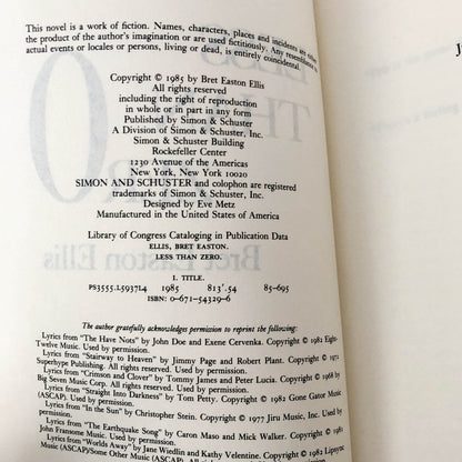 Less Than Zero by Bret Easton Ellis [1985 FIRST PAPERBACK PRINTING]