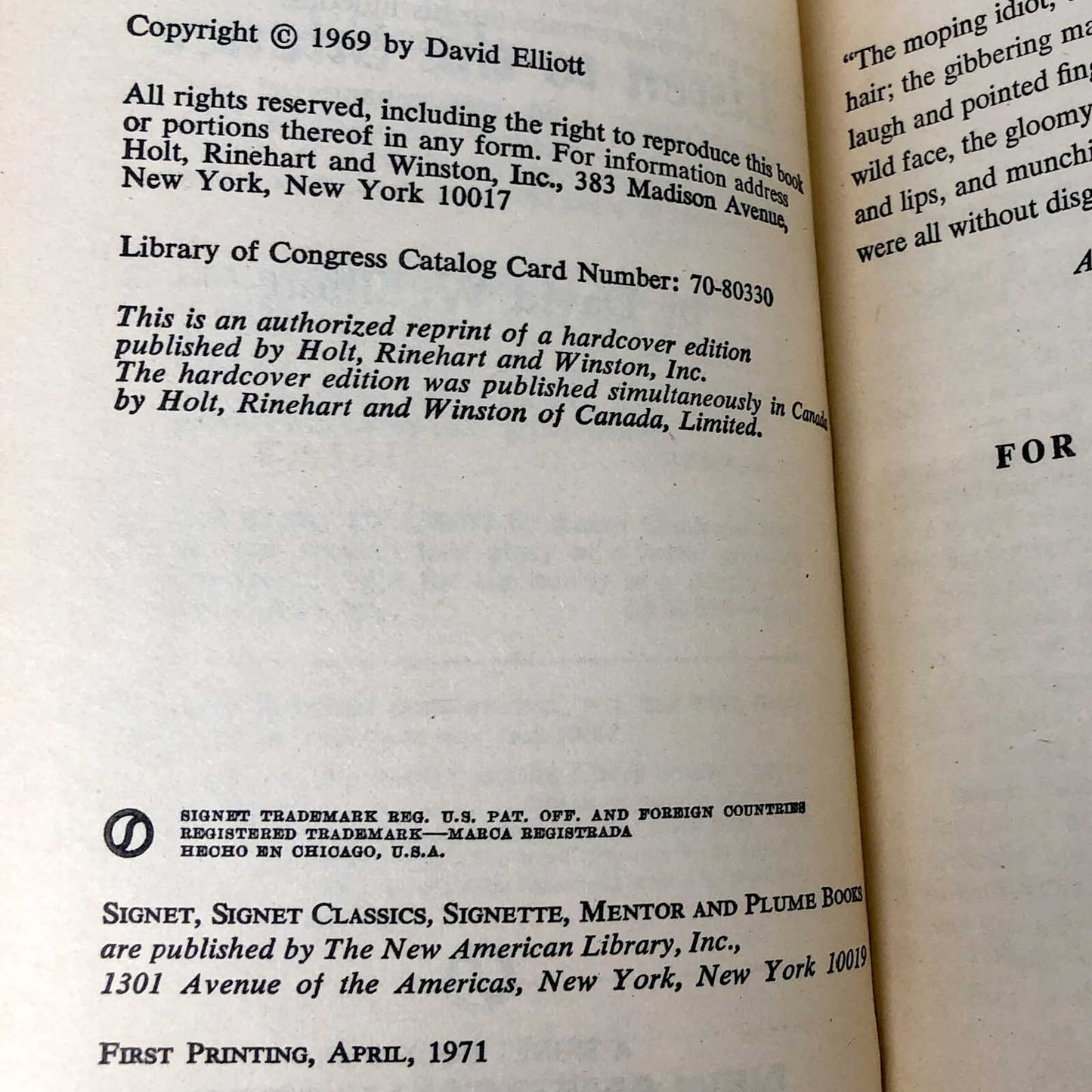 Listen to the Silence by David W. Elliott [FIRST PAPERBACK PRINTING] 1971