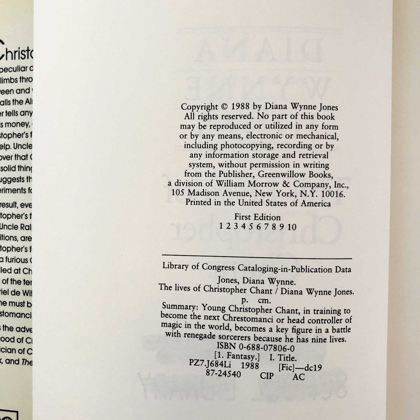 The Lives of Christopher Chant by Diana Wynne Jones [FIRST EDITION / FIRST PRINTING] 1988