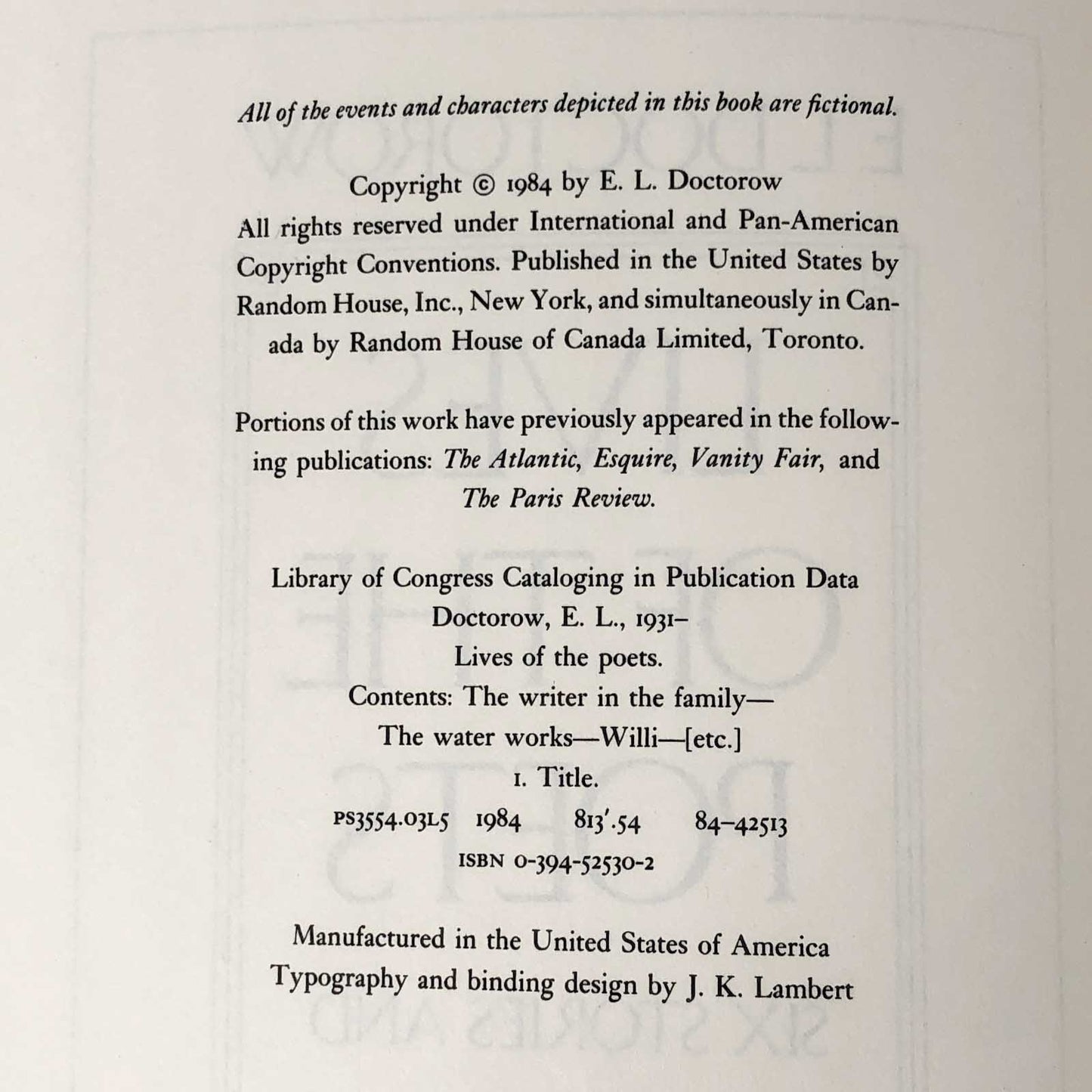 Lives of the Poets: A Novella & Six Stories by E.L. Doctorow [1984 HARDCOVER]