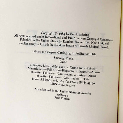 Lizzie: The Story of Lizzie Borden by Frank Spiering [FIRST EDITION] 1984