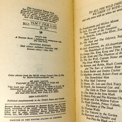 Logan's Run by William F. Nolan & George Clayton Johnson [FIRST PAPERBACK PRINTING] 1976