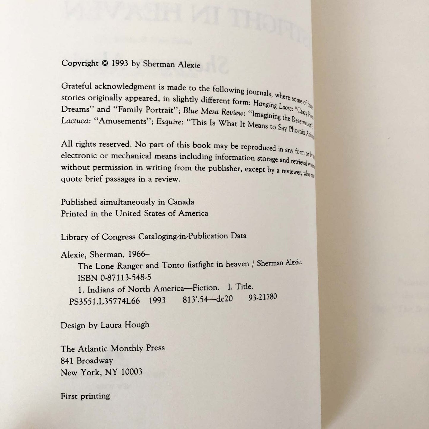 The Lone Ranger and Tonto Fistfight in Heaven by Sherman Alexie [FIRST EDITION / FIRST PRINTING] 1993