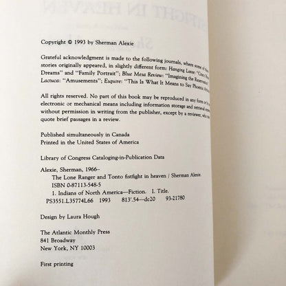 The Lone Ranger and Tonto Fistfight in Heaven by Sherman Alexie [FIRST EDITION / FIRST PRINTING] 1993