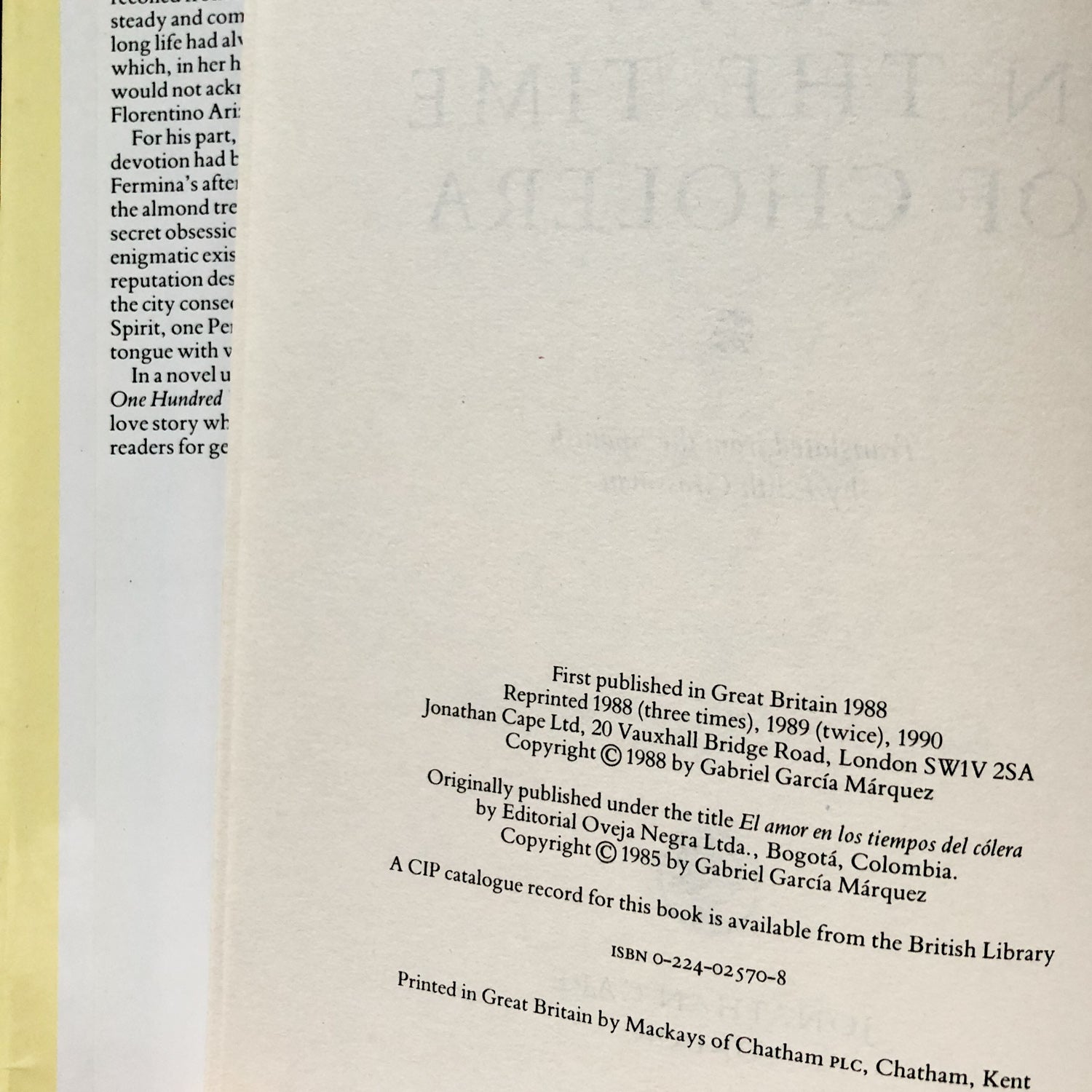 Love in The Time of Cholera by Gabriel García Márquez [UK FIRST EDITION] - Bookshop Apocalypse