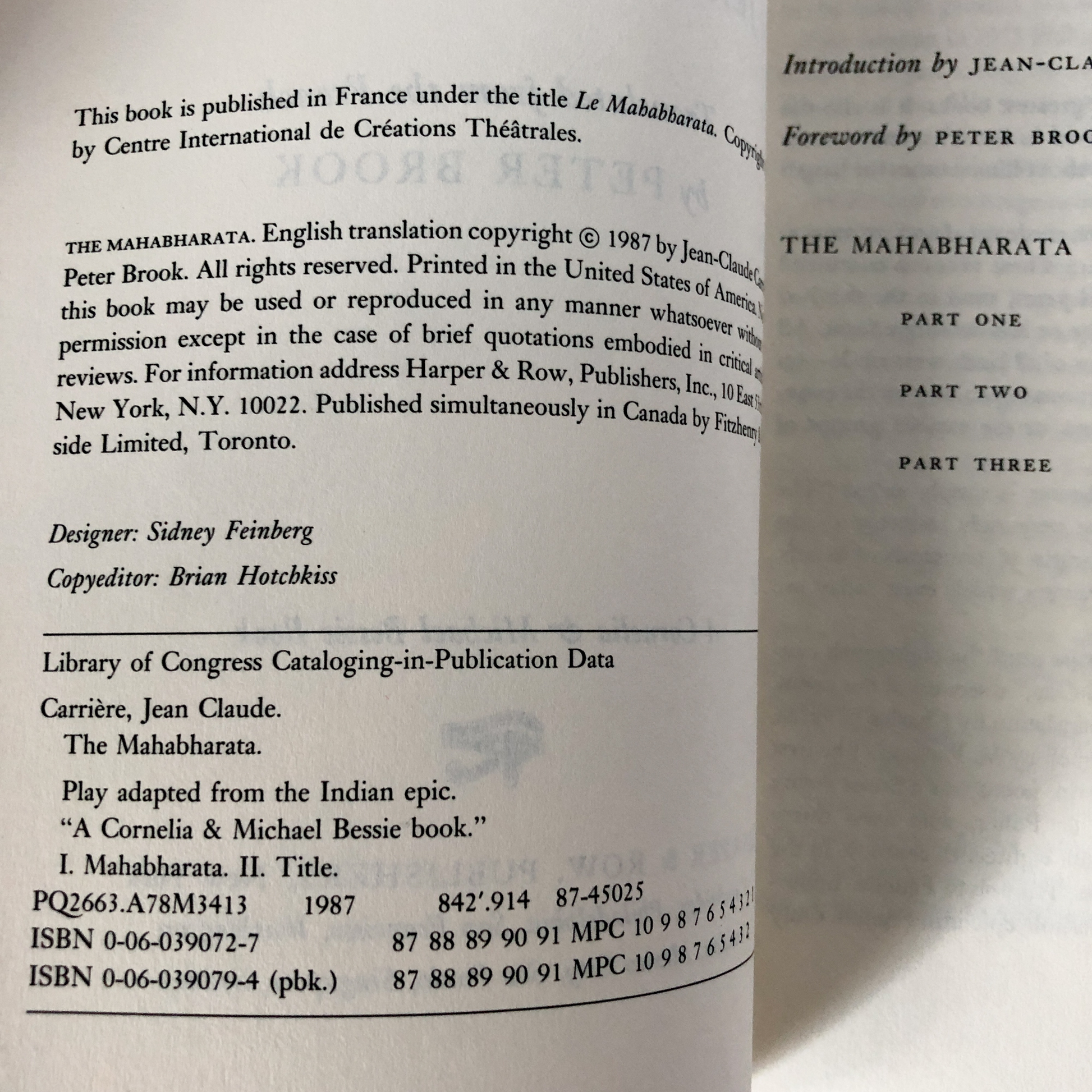 The Mahabharata: A Play by Jean-Claude Carrière [1987 PAPERBACK] - Bookshop Apocalypse