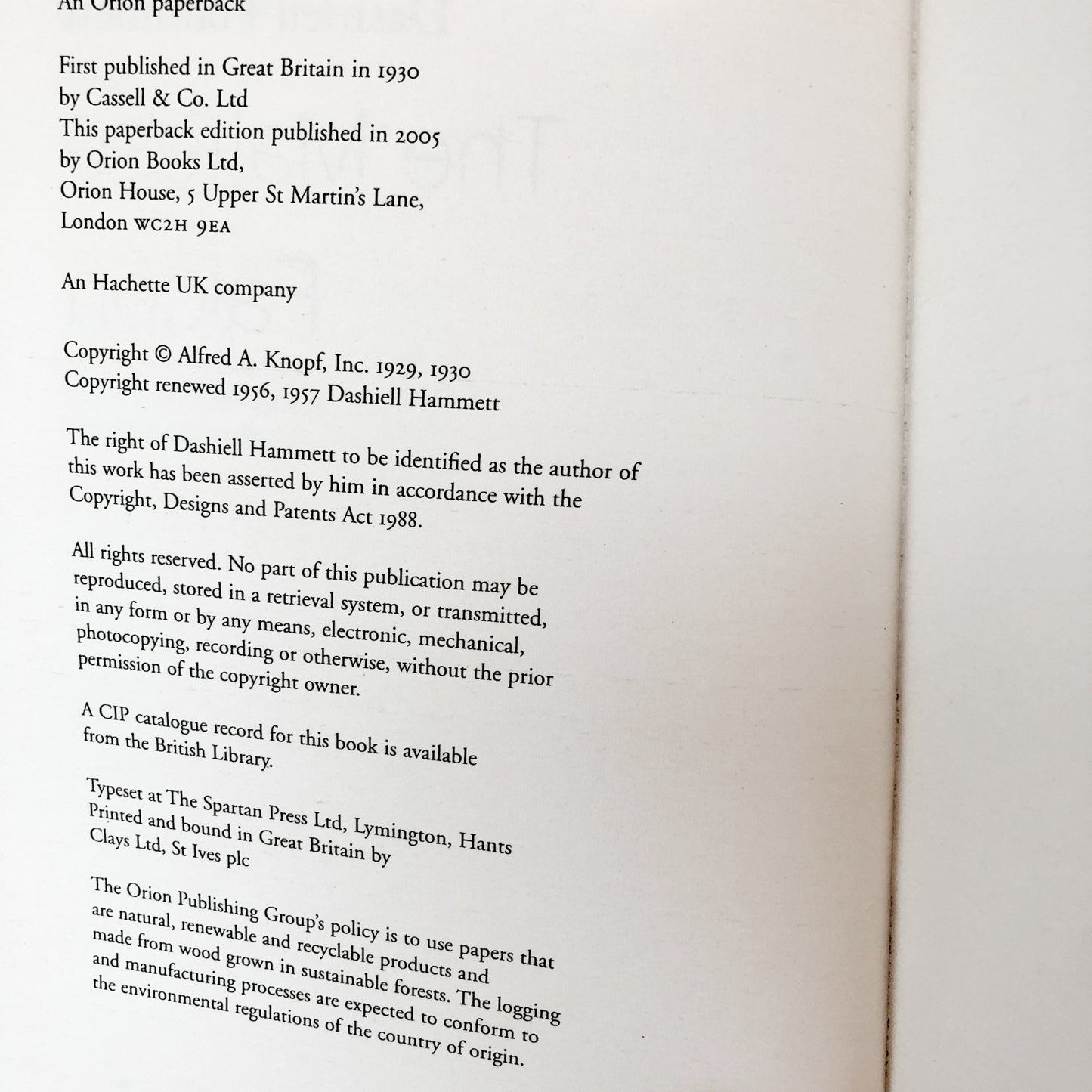 The Maltese Falcon by Dashiell Hammett [U.K. TRADE PAPERBACK] 2005 • Orion