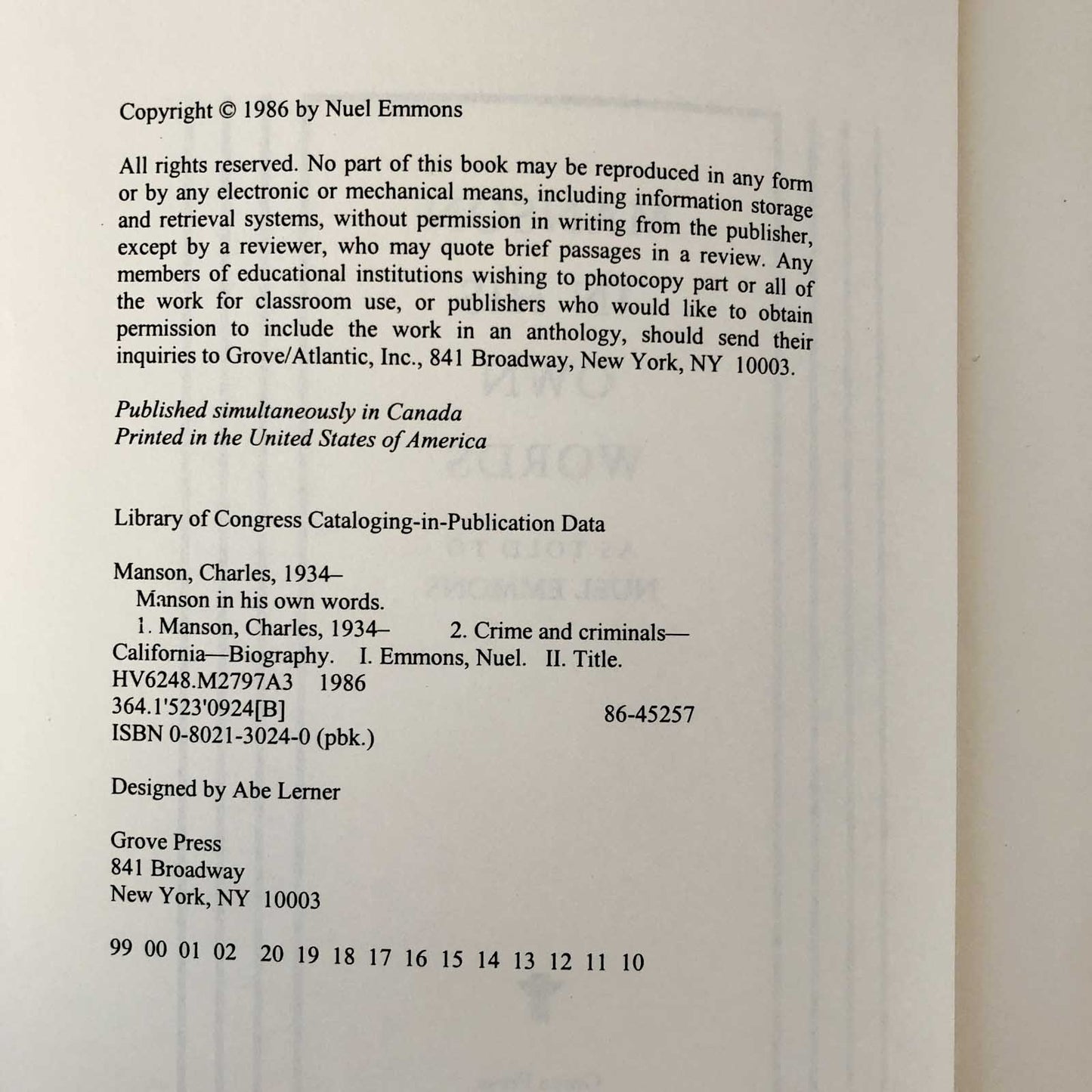 Manson in His Own Words by Charles Manson & Neul Emmons [TRADE PAPERBACK / 1986]