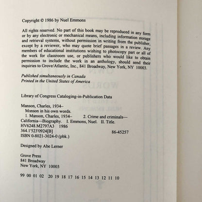 Manson in His Own Words by Charles Manson & Neul Emmons [TRADE PAPERBACK / 1986]