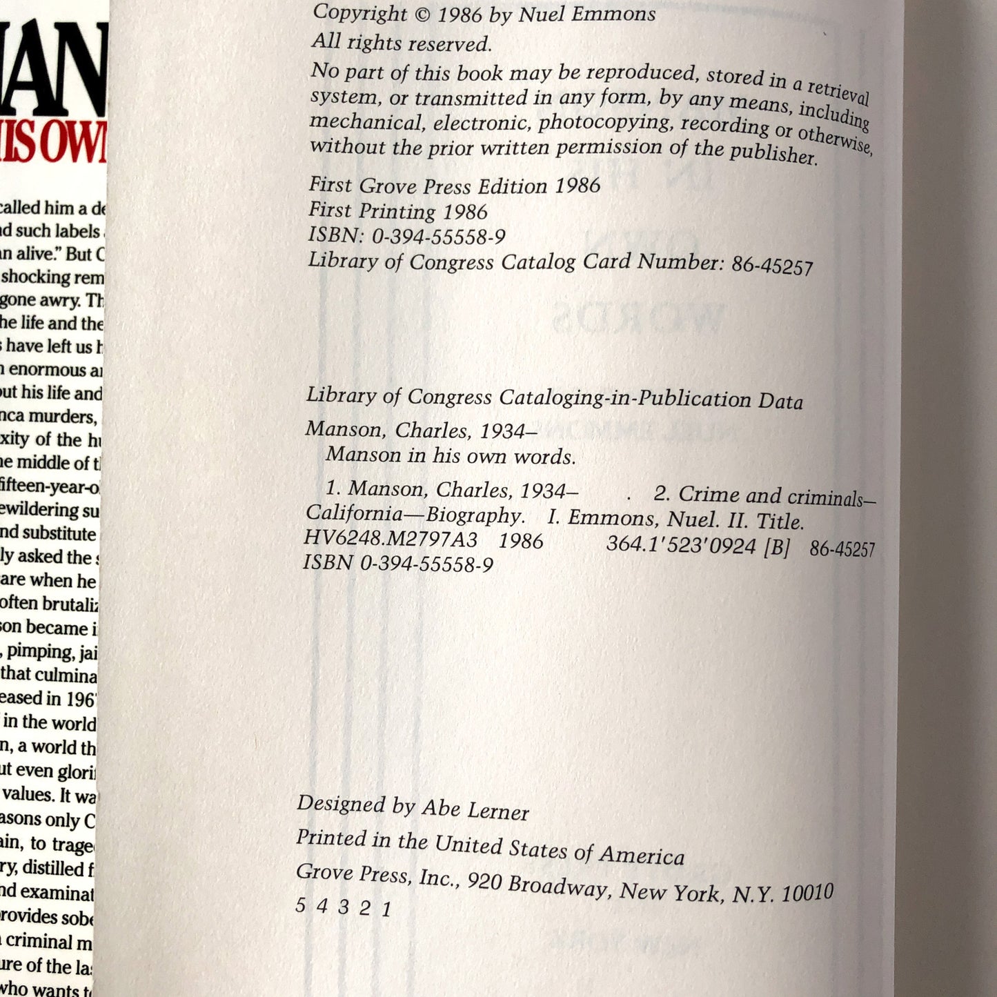 Manson in His Own Words by Charles Manson & Neul Emmons [FIRST EDITION]