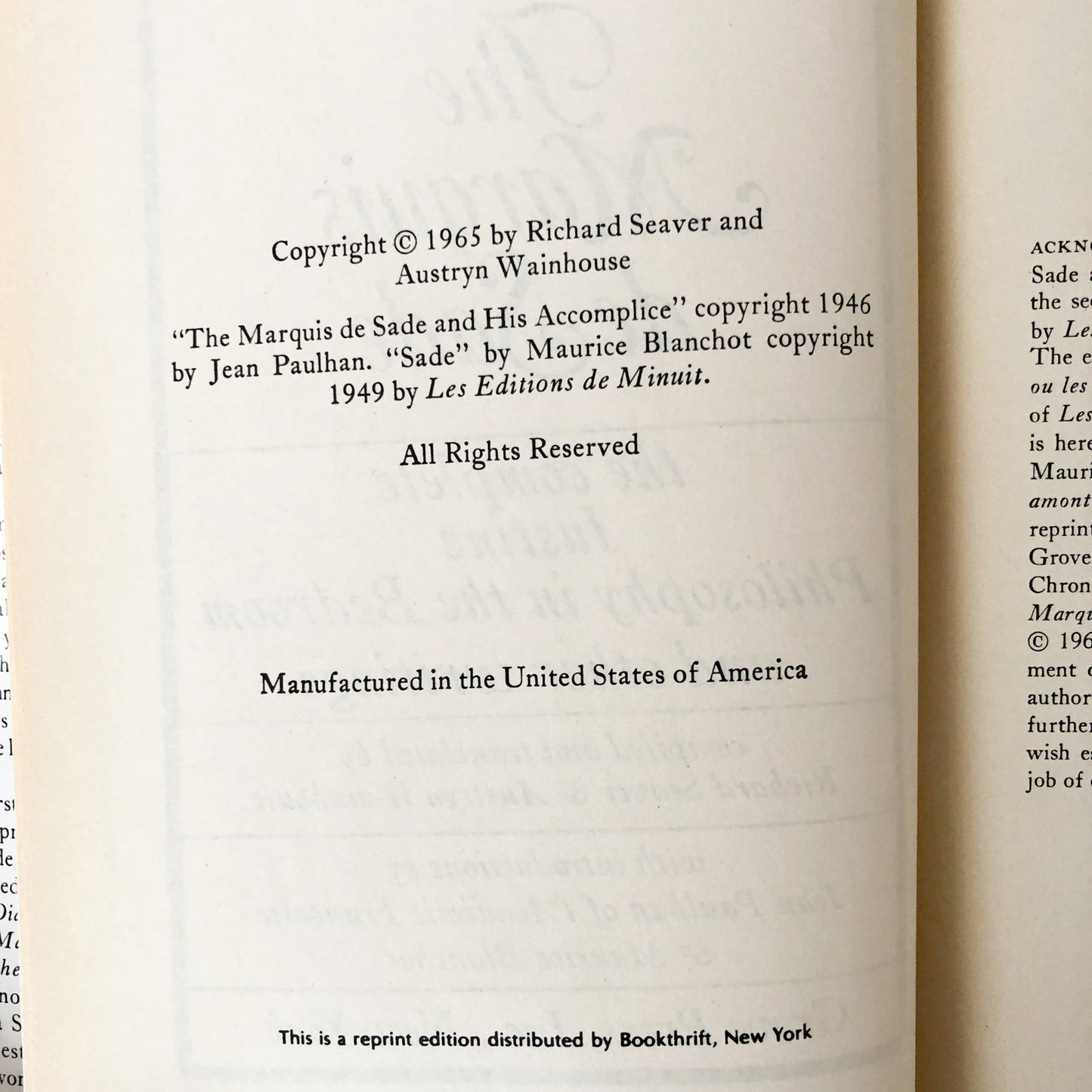 The Marquis de Sade: The Complete Justine, Philosophy in the Bedroom & Other Writings [FIRST AMERICAN EDITION] 1965