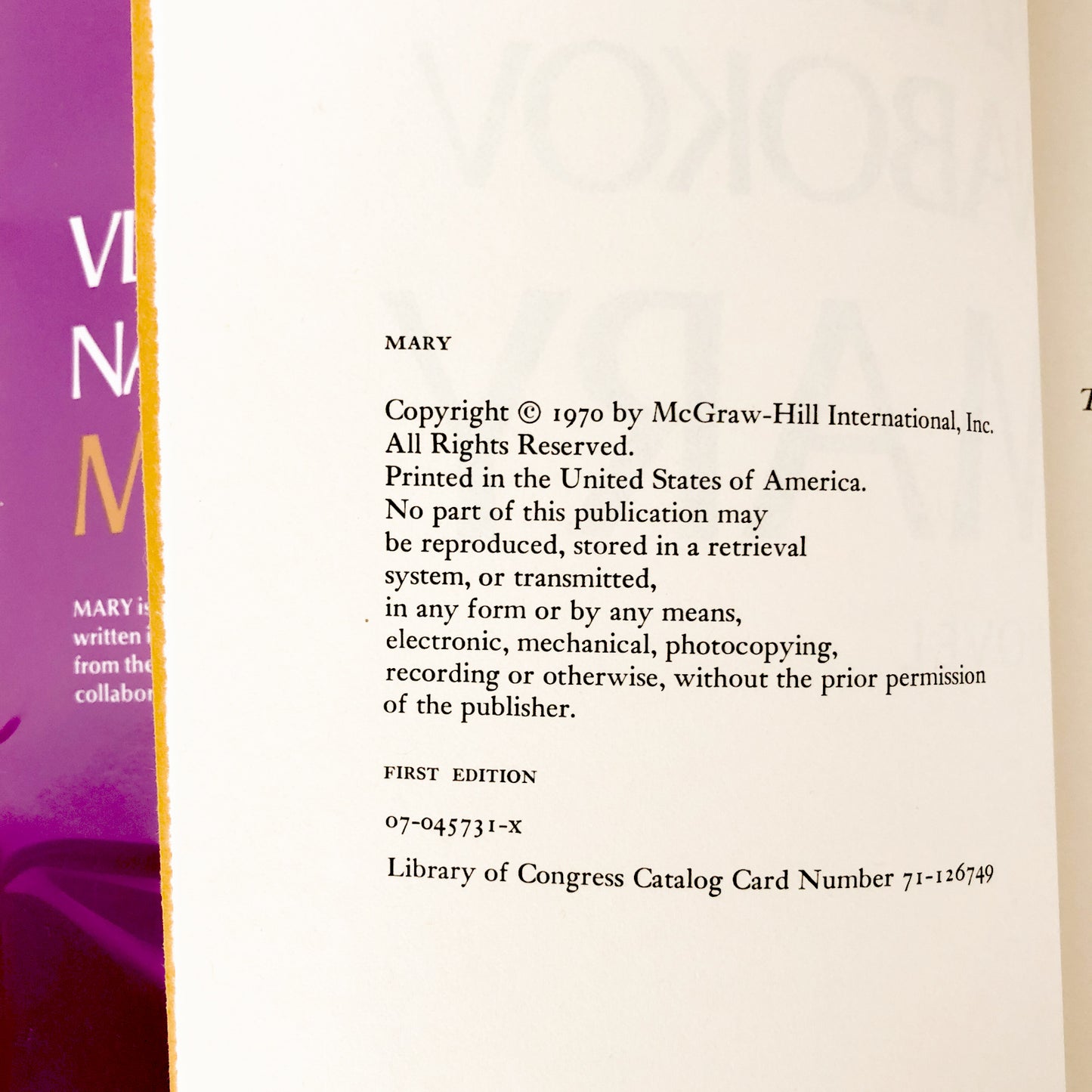 Mary by Vladimir Nabokov [FIRST EDITION / FIRST PRINTING] 1970