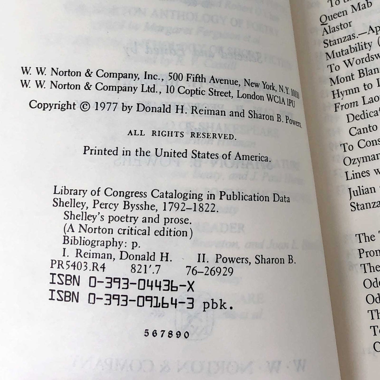 Shelley's Poetry and Prose: Authoritative Texts & Criticism by Percy Bysshe Shelley [1977 TRADE PAPERBACK]