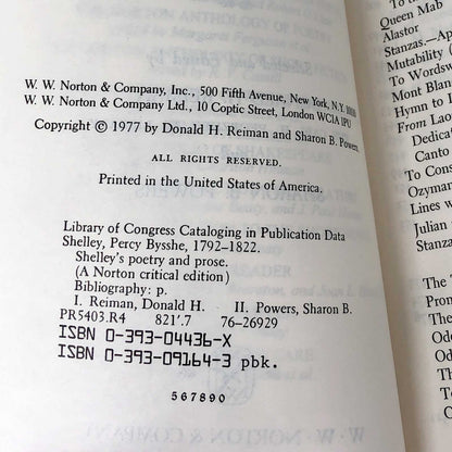 Shelley's Poetry and Prose: Authoritative Texts & Criticism by Percy Bysshe Shelley [1977 TRADE PAPERBACK]