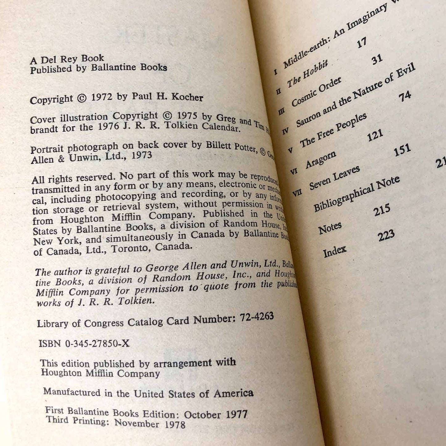 Master of Middle Earth: The Fiction of J.R.R. Tolkien by Paul H. Kocher [1978 PAPERBACK]