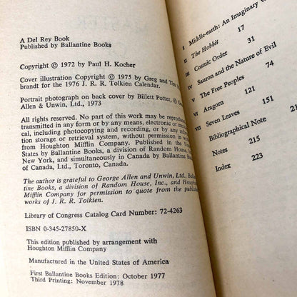 Master of Middle Earth: The Fiction of J.R.R. Tolkien by Paul H. Kocher [1978 PAPERBACK]