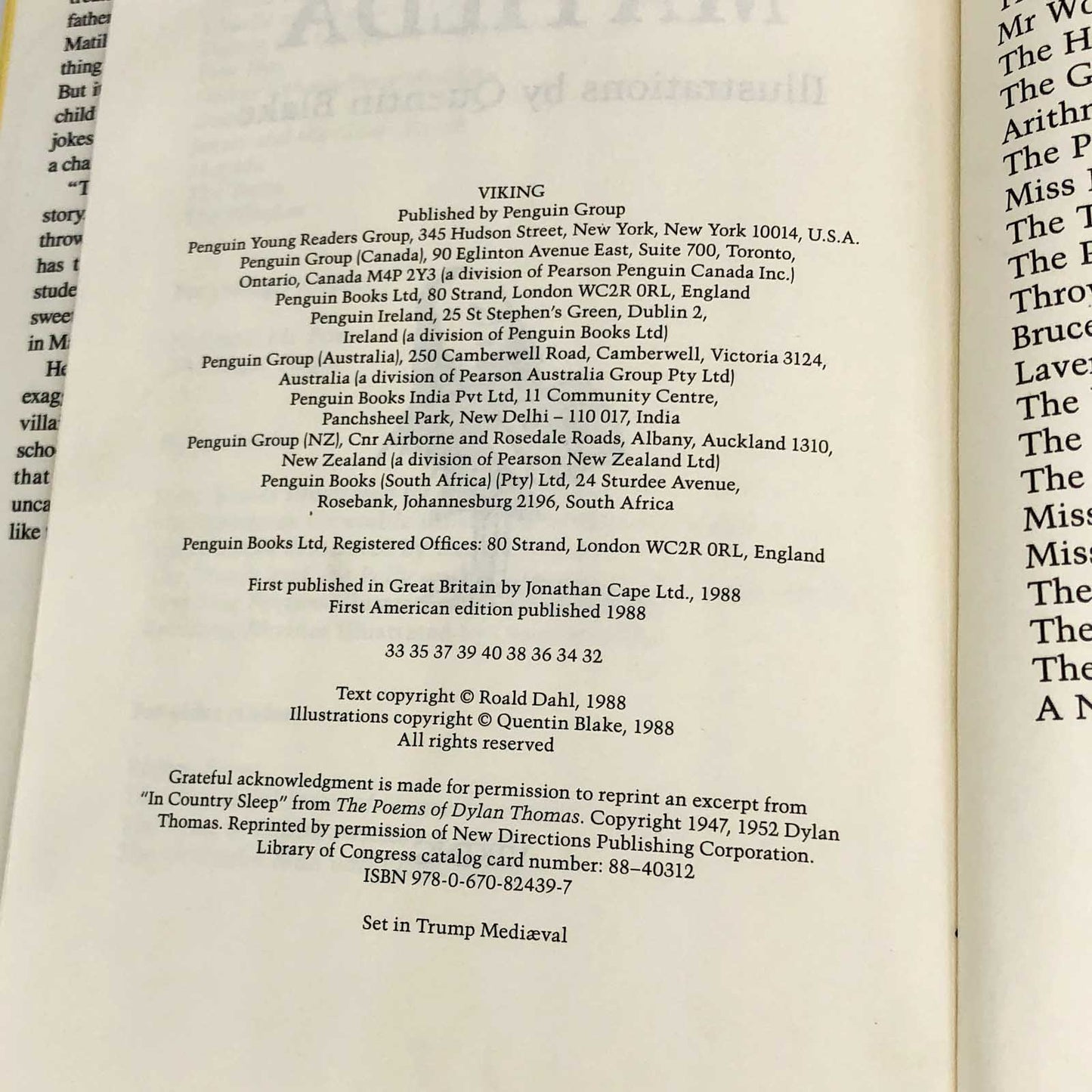 Matilda by Roald Dahl [U.S. FIRST EDITION] 1988 • Viking