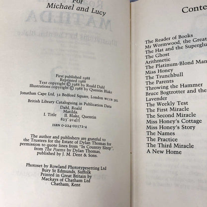 Matilda by Roald Dahl [U.K. FIRST EDITION] 1988 • 2nd Printing