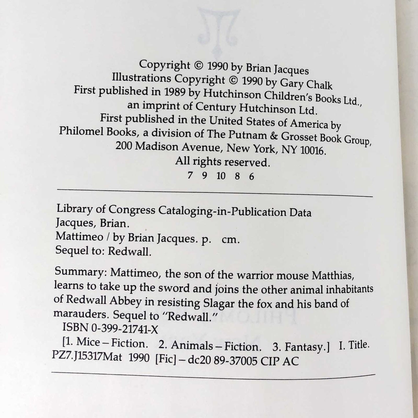 Mattimeo by Brian Jacques SIGNED! [FIRST EDITION] 1990 ❧ Redwall #3