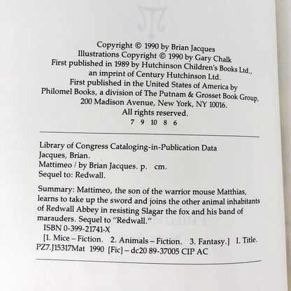 Mattimeo by Brian Jacques SIGNED! [FIRST EDITION] 1990 ❧ Redwall #3