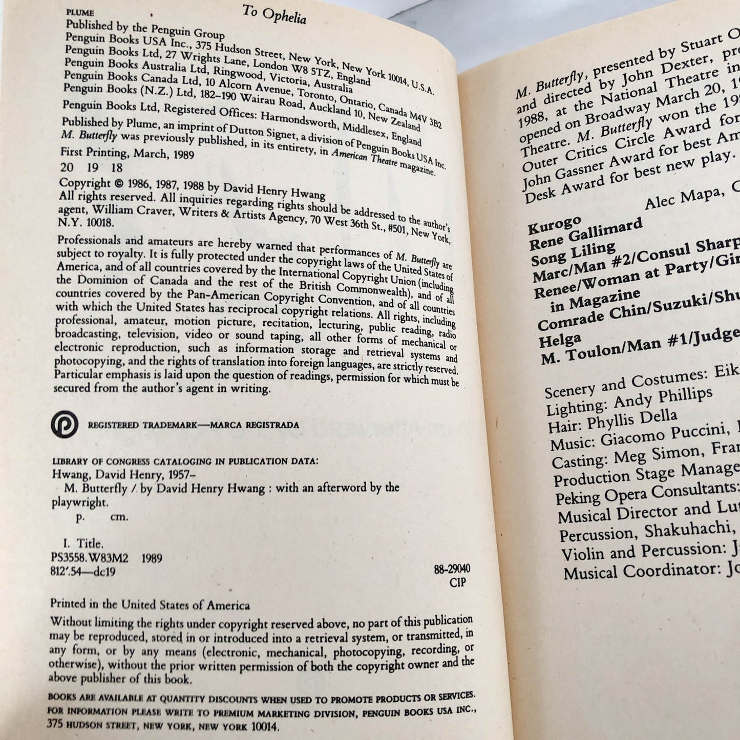 M. Butterfly: A Play by David Henry Hwang [TRADE PAPERBACK / 1989]
