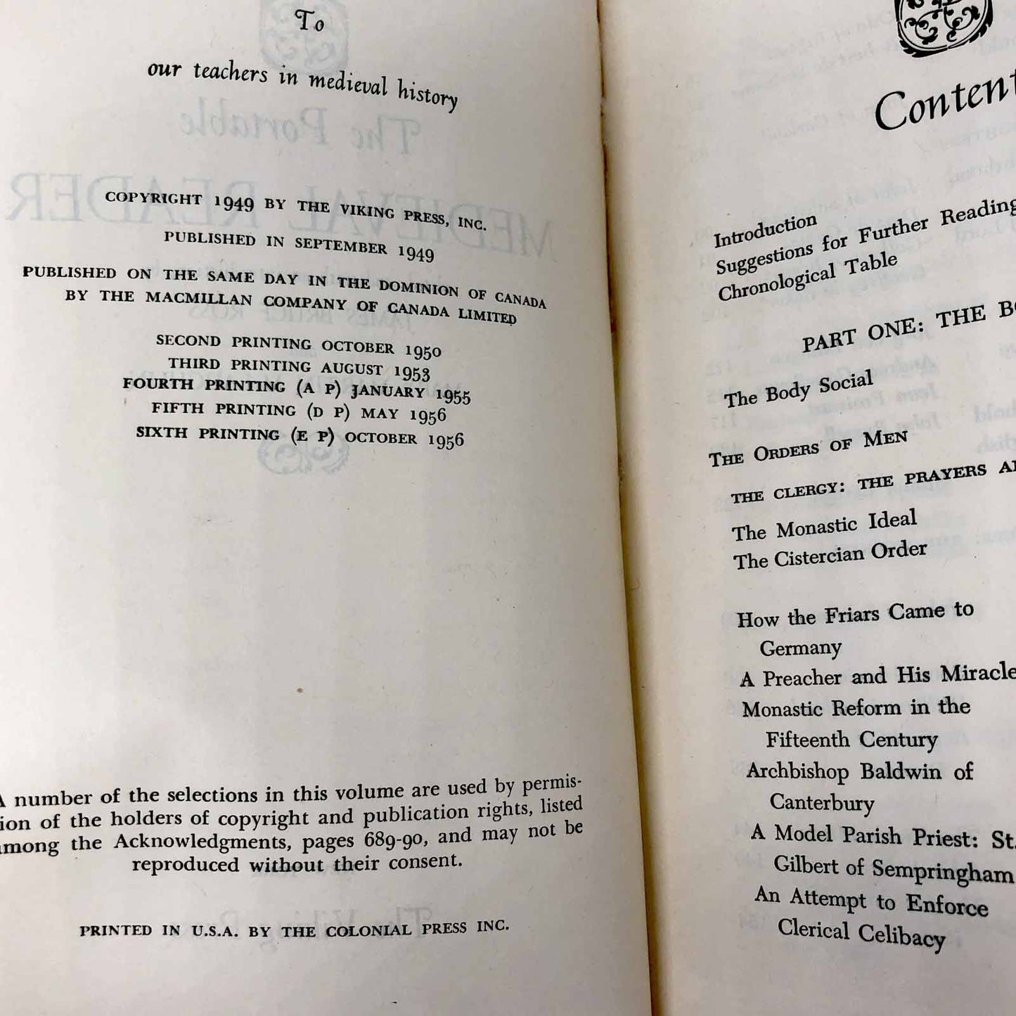 The Portable Medieval Reader edited by James Bruce Ross & Mary Martin McLaughlin [1956 VIKING PAPERBACK]