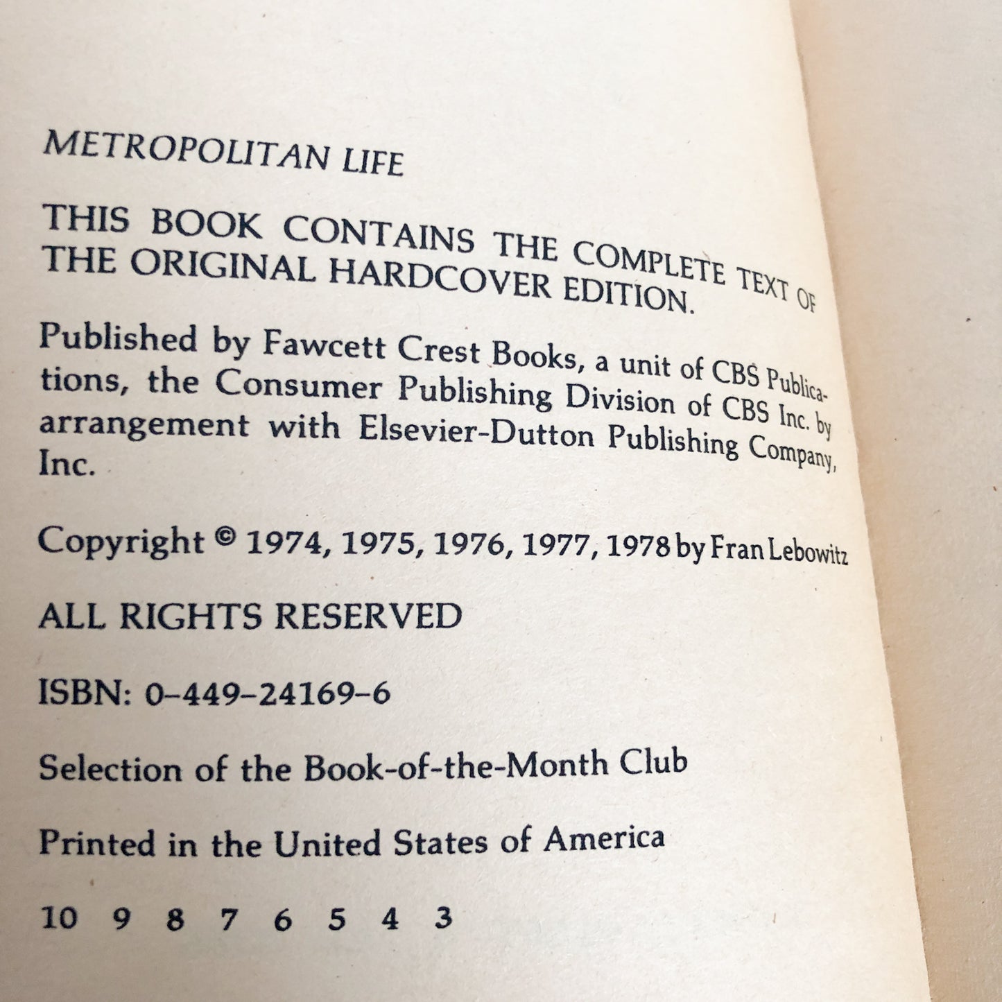 Metropolitan Life by Fran Lebowitz [FIRST PAPERBACK EDITION / 1978]