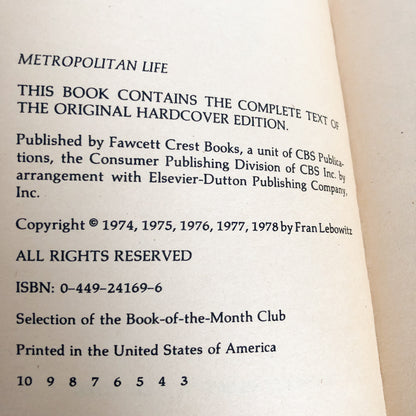 Metropolitan Life by Fran Lebowitz [FIRST PAPERBACK EDITION / 1978]