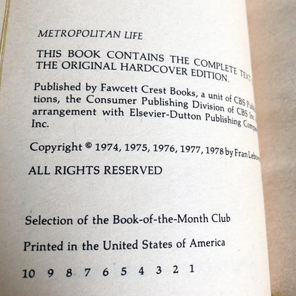 Metropolitan Life by Fran Lebowitz [FIRST PAPERBACK PRINTING / 1978]