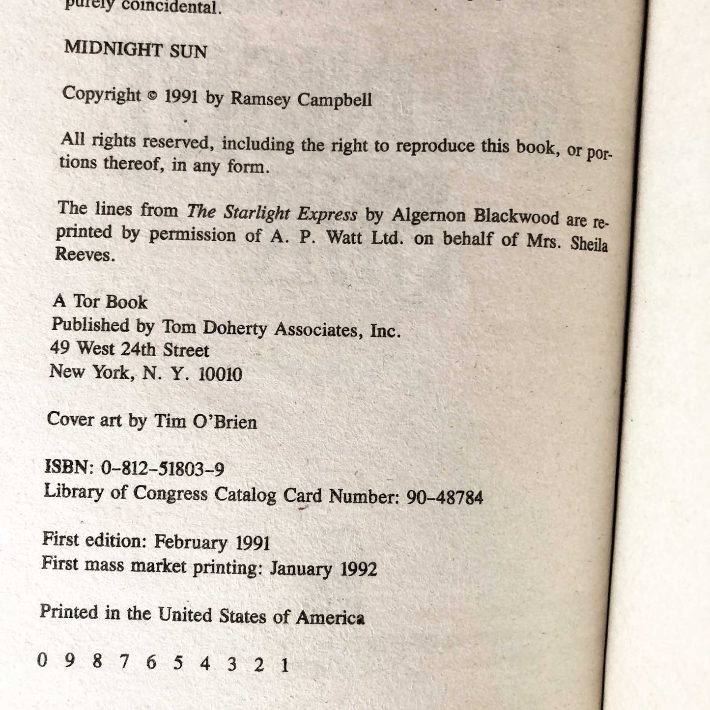 Midnight Sun by Ramsey Campbell [FIRST PAPERBACK PRINTING] 1992 • Tor Horror