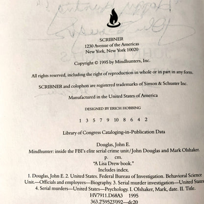 Mindhunter: Inside the FBI's Elite Serial Crime Unit by John Douglas & Mark Olshaker SIGNED! [FIRST EDITION / FIRST PRINTING]