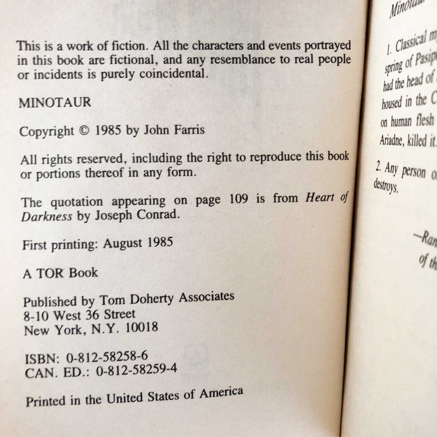 Minotaur by John Farris [FIRST EDITION] 1985 / TOR Horror