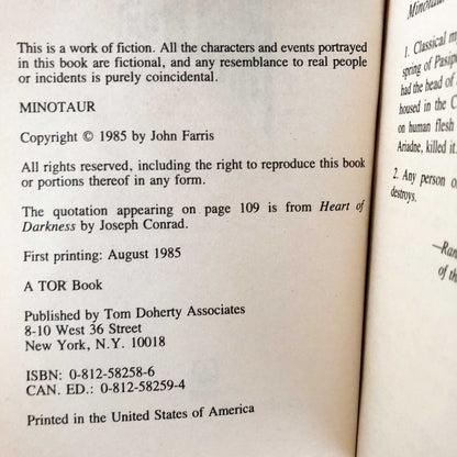 Minotaur by John Farris [FIRST EDITION] 1985 / TOR Horror