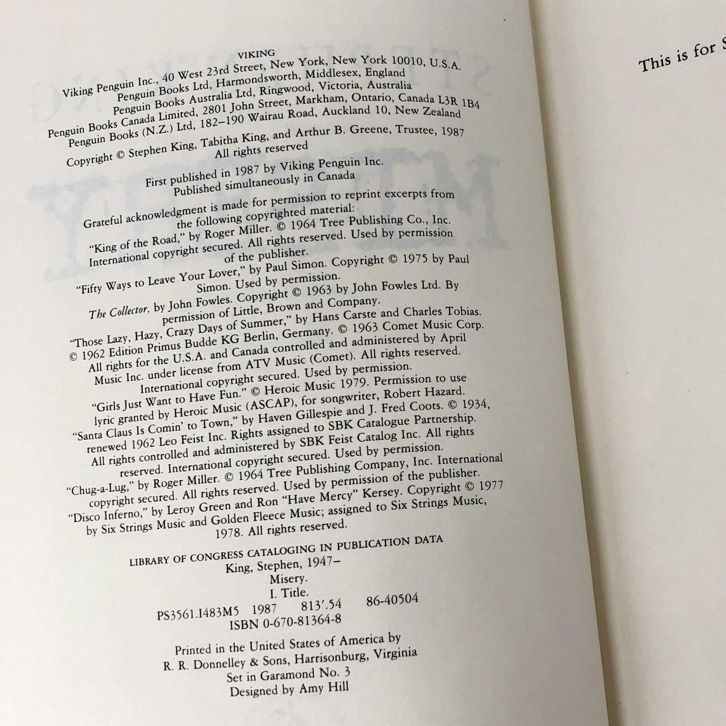 Misery by Stephen King [FIRST EDITION • FIRST PRINTING] 1987