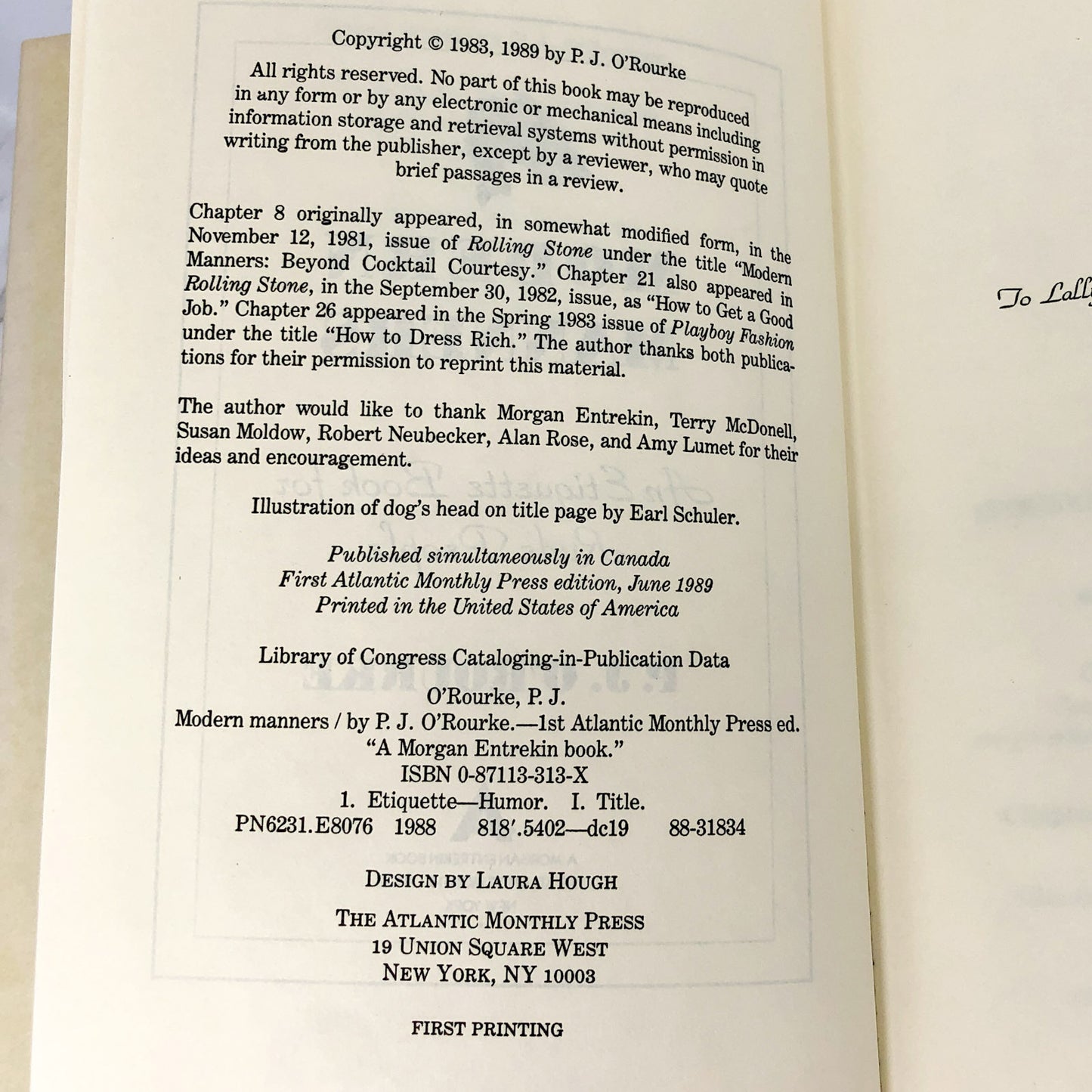 Modern Manners: An Etiquette Book for Rude People by P.J. O'Rourke [FIRST EDITION • FIRST PRINTING] 1989