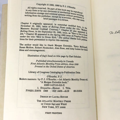 Modern Manners: An Etiquette Book for Rude People by P.J. O'Rourke [FIRST EDITION • FIRST PRINTING] 1989