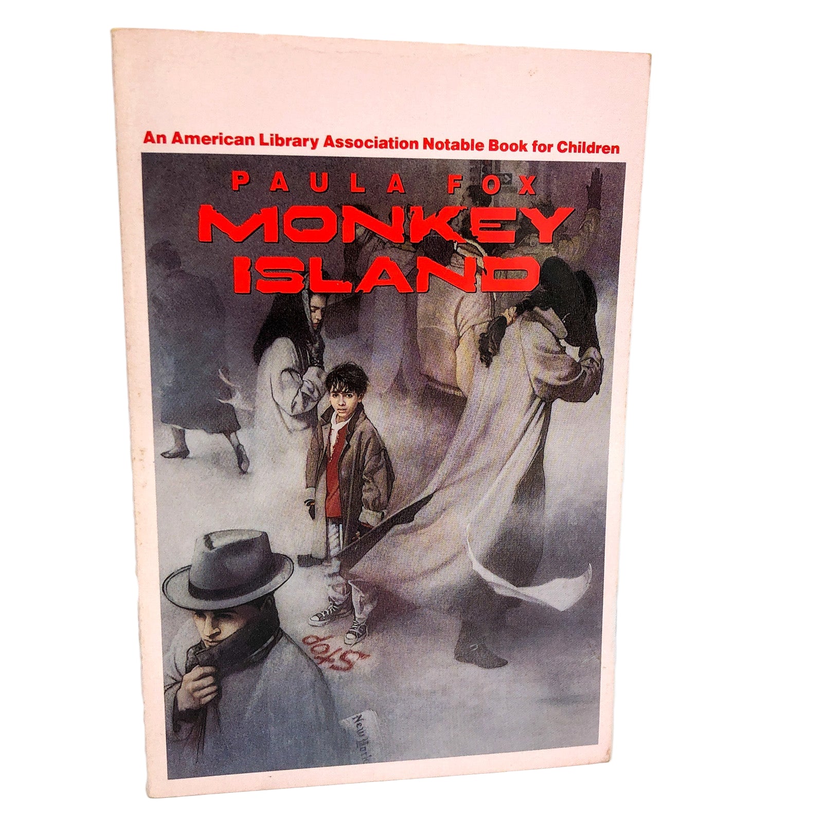 The cover of the book 'Monkey Island' by Paula Fox features an illustration of children and adults on a city street, conveying a sense of community and vulnerability.