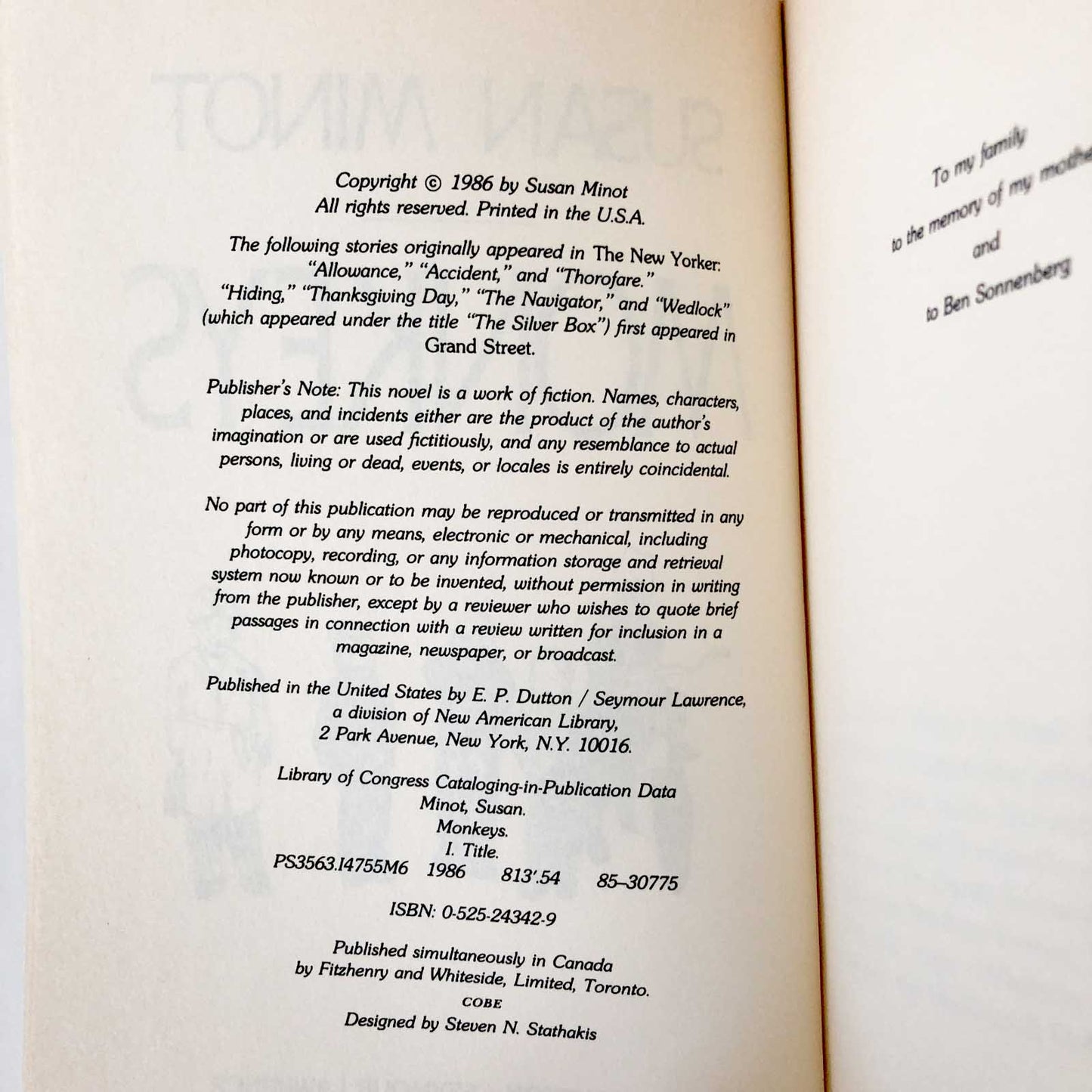 Monkeys by Susan Minot [FIRST BOOK CLUB EDITION] 1986 • E.P. Dutton