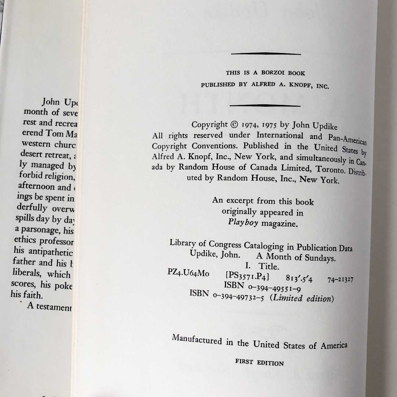 A Month of Sundays by John Updike [FIRST EDITION / FIRST PRINTING] 1975