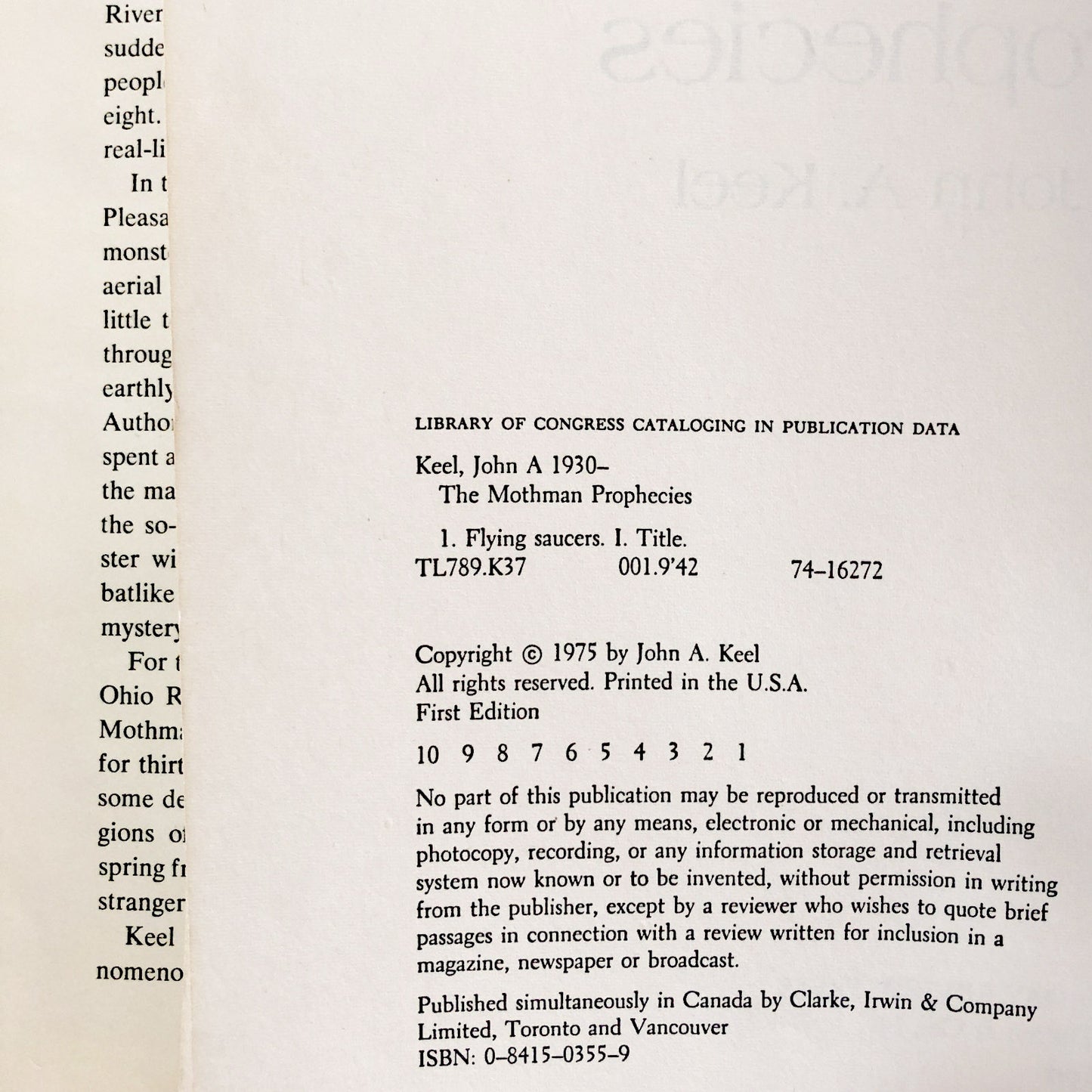 The Mothman Prophecies by John A. Keel [FIRST EDITION • FIRST PRINTING] 1975